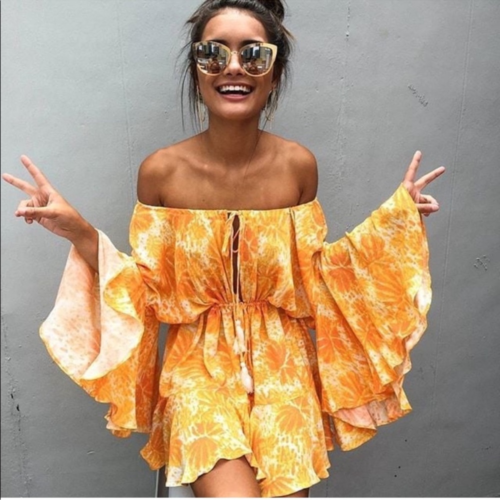 Showpo Yellow Orange Sunshine Playsuit Romper Size 12 Groovy Retro Hippie